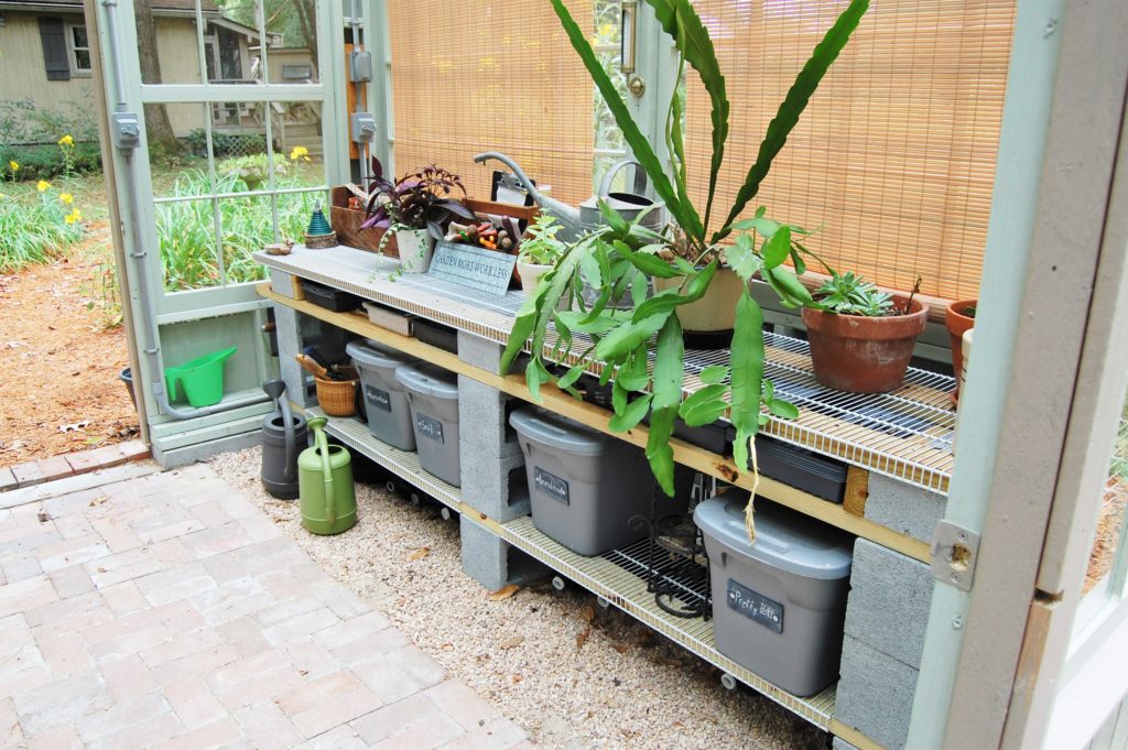 Upcycled greenhouse - potting bench
